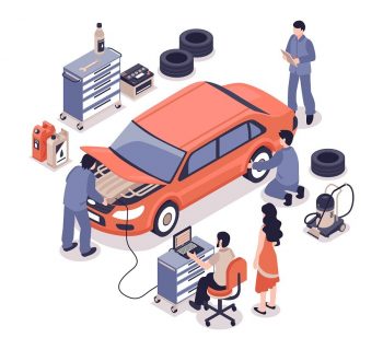 Auto service center workers fixing car and changing tyres on white background 3d isometric vector illustration